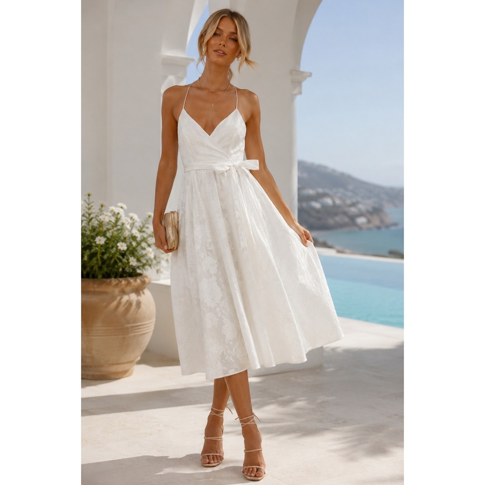 NWT Lulus Always the Answer White Wrap Style Jacquard Midi Dress Medium